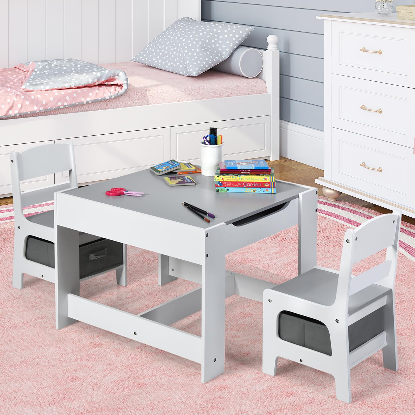 Costzon Kids Table And Chair Set, 3 In 1 Wooden Activity Table For Toddlers Arts, Crafts, Drawing, Reading, Playroom, Toddler Table And Chair Set W/ 2 In 1 Tabletop, Storage Space, Gift For Boy & Girl